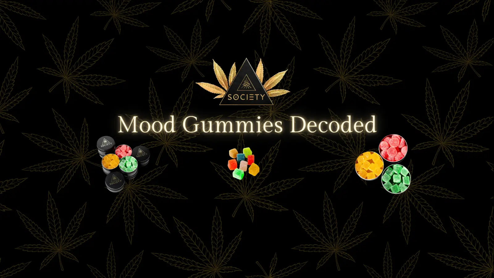 assorted canna mood gummies on a wooden surface with hemp leaves