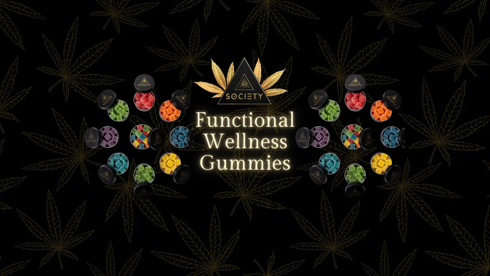 Society's Plant mood gummies on a wooden surface next to green botanicals