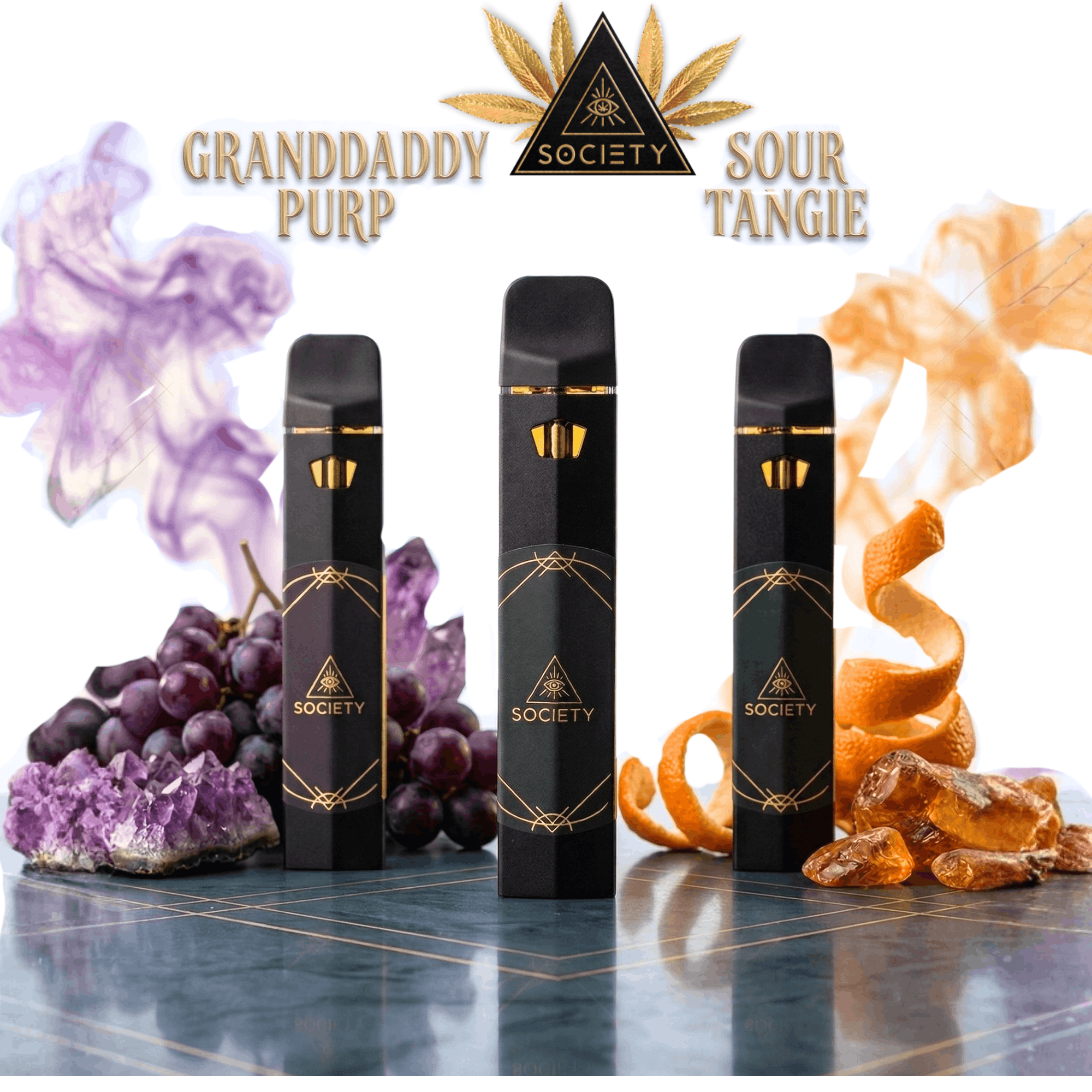 thc disposable vape pens by society's plant in strains granddaddy purp and sour tangie