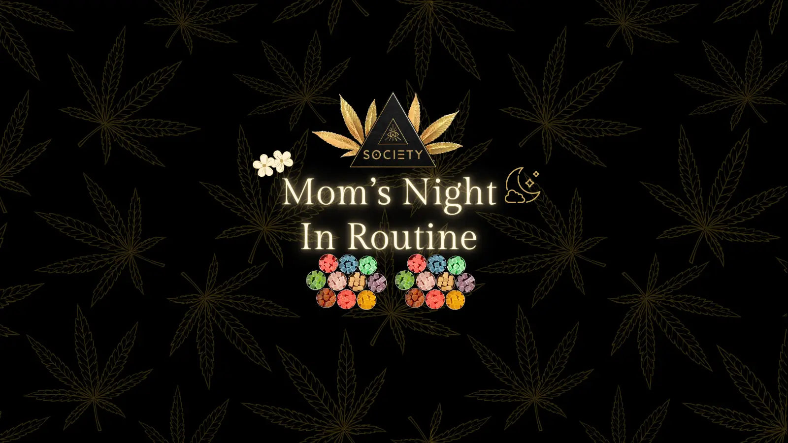 Tired mom relaxing on couch with candles, mood gummies, and a glass of water for a calm wellness night in