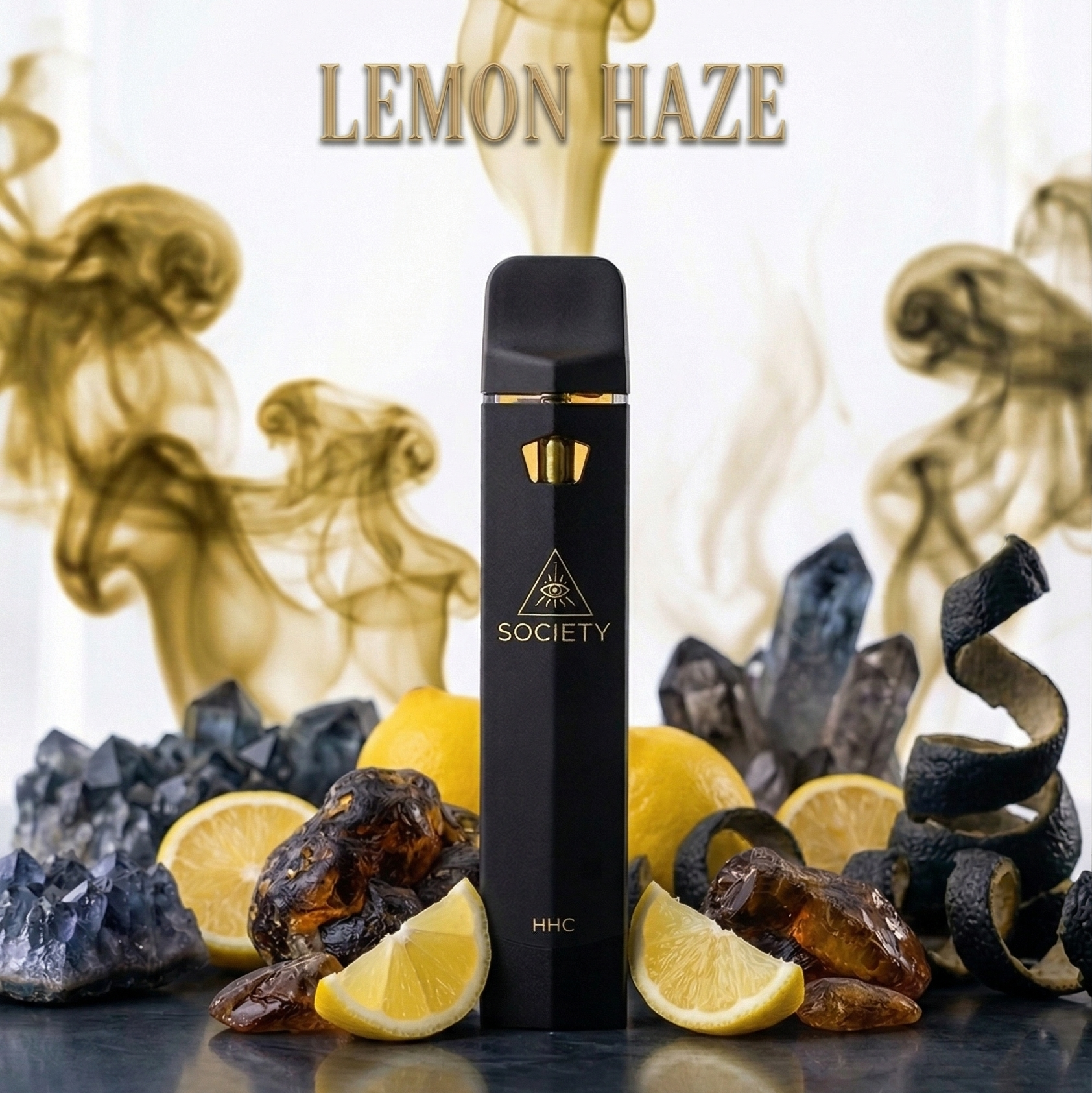 Society vape device with lemon, honey, and rock sugar on a reflective surface with 'Lemon Haze' text.