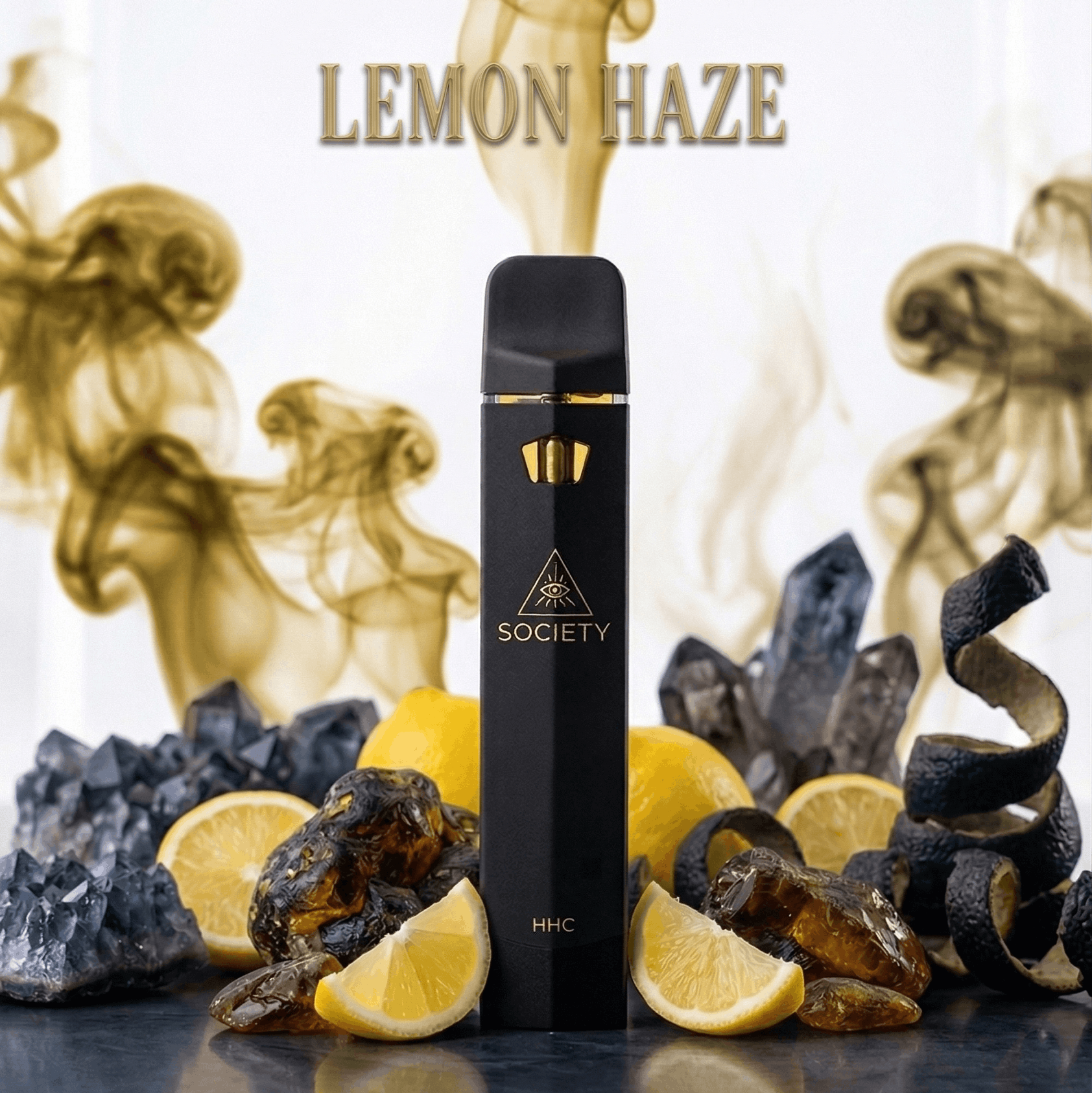 Society vape device with lemon, honey, and rock sugar on a reflective surface with 'Lemon Haze' text.