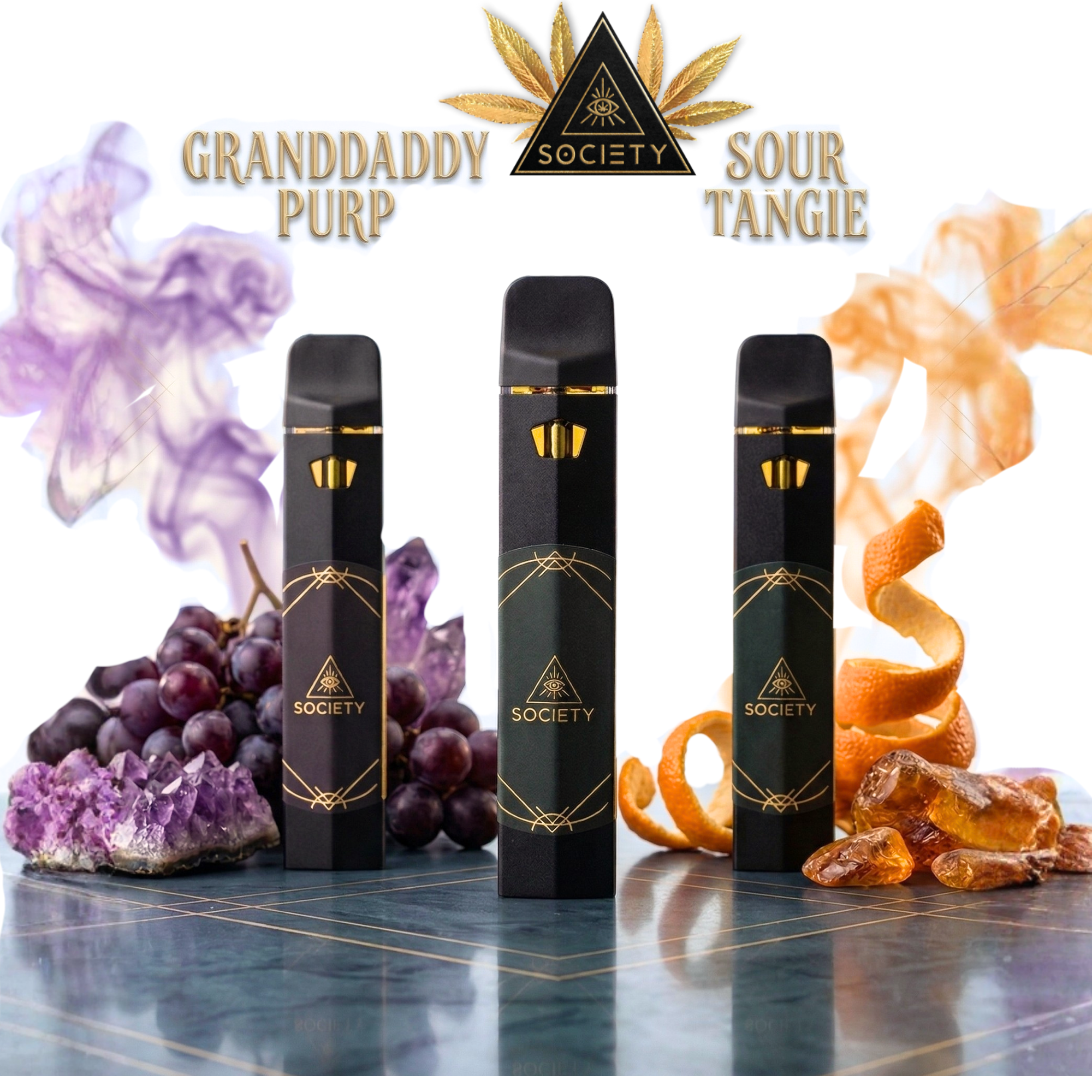 thc disposable vape pens by society's plant in strains granddaddy purp and sour tangie